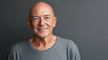 Obraz premium Smiling bald man in gray shirt against dark background