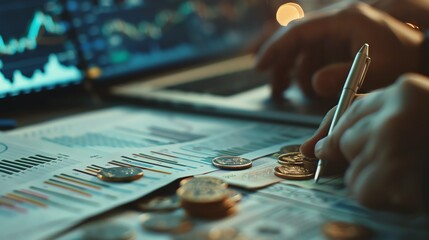 Naklejka premium A close-up of a stack of coins on a table with a blurred background of a person working on a laptop.