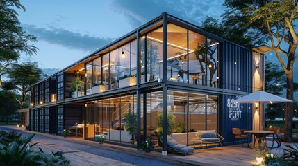 Obraz premium Illuminated Luxury Eco Friendly Sustainable Modern Smart Home Surrounded by Nature at Sunset