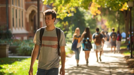Obraz premium A young man smiles as he walks through a college campus, his backpack slung over his shoulder.