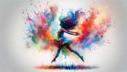 A woman dancing with an explosion of vibrant colors radiating from her, capturing the essence of freedom and artistic expression