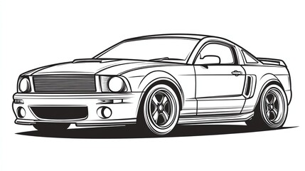 Fototapeta premium A classic muscle car, drawn in a simple black and white style, with a focus on the powerful front end and sleek lines.