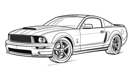 Obraz premium A black and white illustration of a sleek sports car. The car is drawn in a simple, cartoon style, with bold lines and curves.
