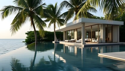 Luxurious villa oasis with serene poolside views and swaying palm trees