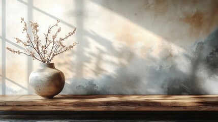 Vase with dried flowers on simple shabby background. Copy space, rustic motif.