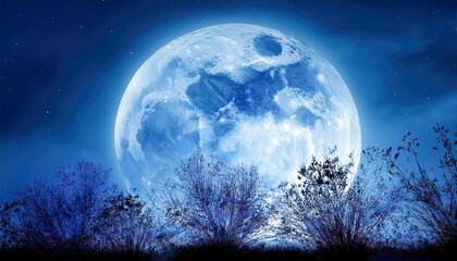 Naklejka premium Blue Full Moon of August with plants in front 