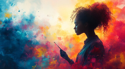 Young painter contemplates her next brushstroke amid a backdrop of vivid hues