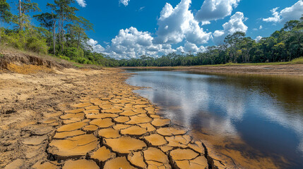 Amazon rainforest river shrinks from severe drought and deforestation, leaving cracked, dry bed
