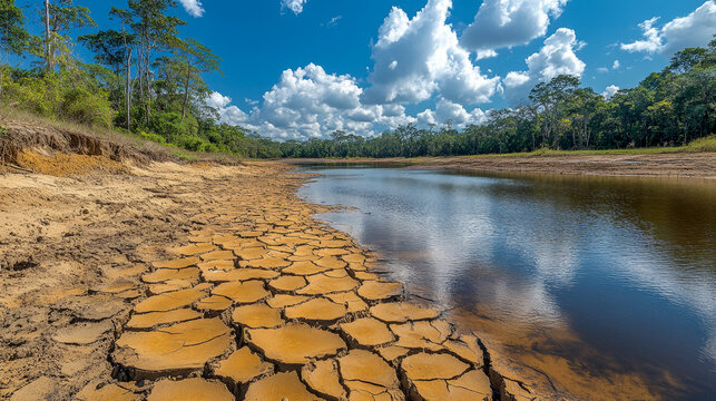 Amazon rainforest river shrinks from severe drought and deforestation, leaving cracked, dry bed