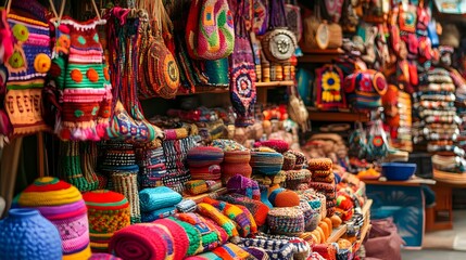 Fototapeta premium Colorful Woven Bags and Hats at a Market Stall