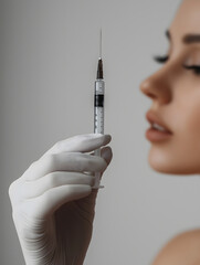 White Gloved Hand Holding a Skinny Syringe Against a White Wall Background