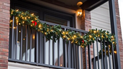 Festive Balcony Railing Wrapped in Garland and Lights
