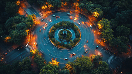 Illuminated cars driving around columbus circle in the bustling new york city at night
