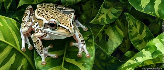 Amazon milk frog on green leaves, Panda Bear Tree Frog "trachycephalus resinifictrix"