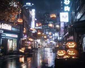 Obraz premium Cyberpunk Halloween street scene with neon-lit jack-o-lanterns futuristic costumes