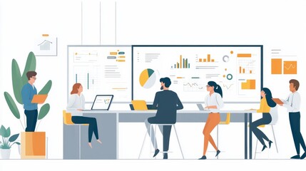 Fototapeta premium a group of diverse people in a modern office, talking with each other, brightly lit, whiteboard with diagrams, AI Generative