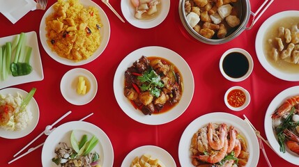 Hot Chines delicious food in red table
