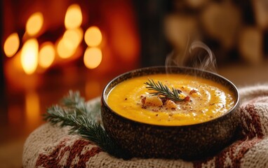 Warm Pumpkin Soup by the Fireplace
