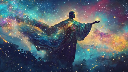 Mystical Figure with Starry Sky and Golden Dust