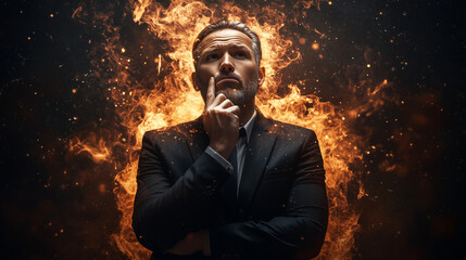 Intense Questioning on a Black Background with Fiery Energy Representing the Challenges and Risks of Executive Leadership