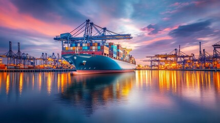 Fototapeta premium A large container ship is docked at the port, AI Generative