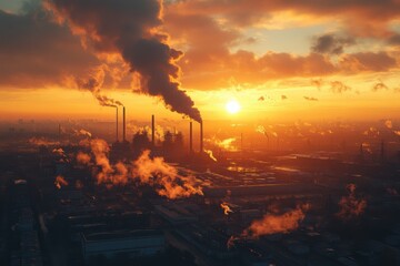 Fototapeta premium Industrial Sunset: A Silhouette of Smoke and Industry