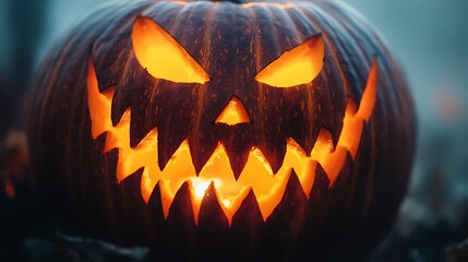 Fototapeta premium Close-up of a jack-o'-lantern with a sinister grin, surrounded by fall leaves and glowing candles.