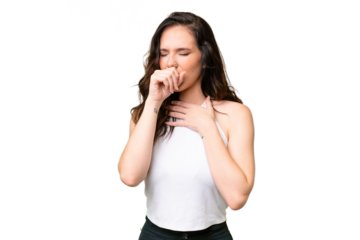 Young caucasian woman isolated over isolated background is suffering with cough and feeling bad