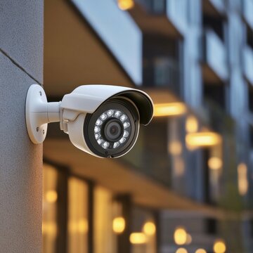 A low angle medium shot of a modern white Hikvision security camera with high resolution and night vision capabilities, AI Generative