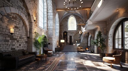Magnificent Medieval Castle Interior with Grandiose Archways Intricate Stonework and Luxurious Furnishings