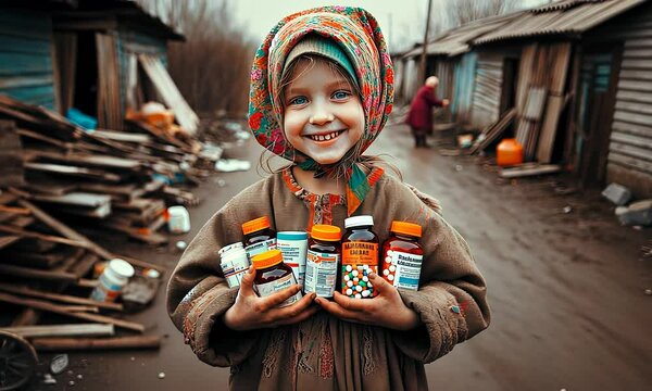 Smiling Child Holding Medicine in Rural Poverty | Global Healthcare Access and Humanitarian Aid in Disadvantaged Regions