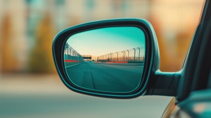 Minimalist Car Mirror with Racetrack Reflection in Soft Sunlight