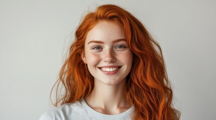Fototapeta premium Smiling redhead woman with freckles and long wavy hair against gray background