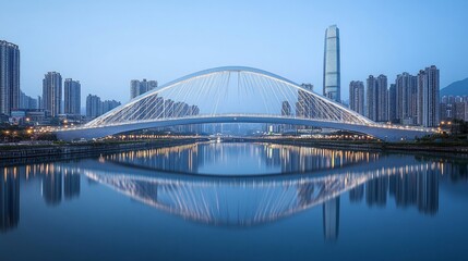 Fototapeta premium A modern bridge with an elegant, white, curved structure stands over the river in Shenzhen, China, AI Generative