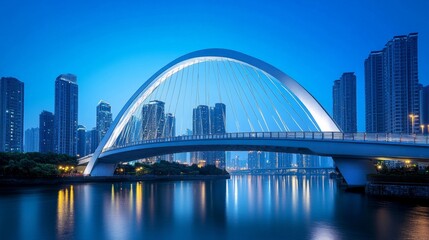 Obraz premium A modern bridge with an elegant, white, curved structure stands over the river in Shenzhen, China, AI Generative