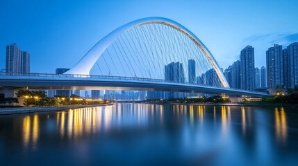 Naklejka premium A modern bridge with an elegant, white, curved structure stands over the river in Shenzhen, China, AI Generative
