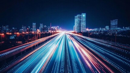Fototapeta premium A city street at night with a bright blue sky