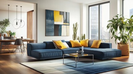 Fototapeta premium A modern, open-plan living space designed for comfort and functionality, with a touch of creative flair. The room features a large, AI Generative