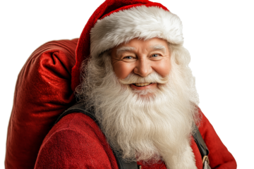 A cheerful, smiling Santa Claus dressed in his classic red suit and white fluffy hat, carrying a large red sack over his shoulder. 