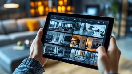 A person remotely monitoring their home via a tablet, AI Generative