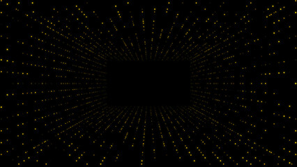 Abstract gold lighting dots background with golden lights lines tunnel pattern black background