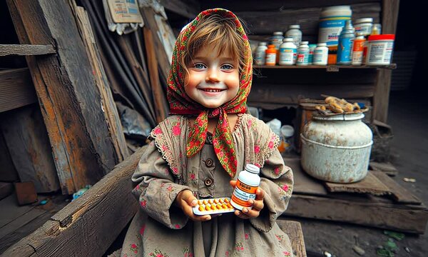 Smiling Child Holding Medicine in Rural Poverty | Healthcare Access and Humanitarian Aid in Disadvantaged Communities