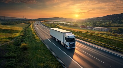 A photograph of a modern logistics truck on a highway, the truck's sleek design, dynamic driving angle, AI Generative