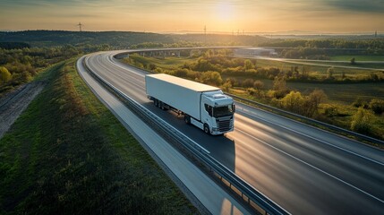 A photograph of a modern logistics truck on a highway, the truck's sleek design, dynamic driving angle, AI Generative