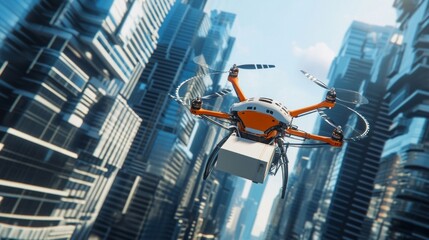 A realistic 16:9 horizontal image of a six-motor drone, primarily orange and white with a delivery box attached to the bottom, AI Generative