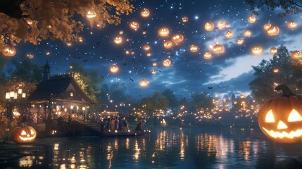 Floating island Halloween festival with glowing jack-o-lanterns floating lights