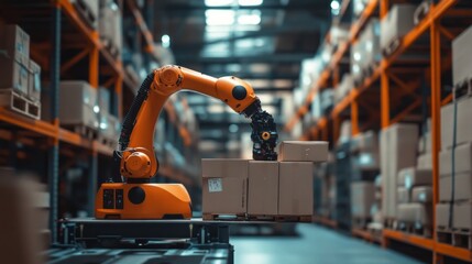 Naklejka premium A robotic arm helps stack heavy loads in the warehouse. DSLR 5 24mm F 2.4 ultra realistic, hyper - detailed, bright, AI Generative
