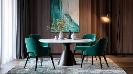 Obraz premium A round dining table with an elegant white marble top, surrounded by four emerald green chairs on dark wood legs, AI Generative