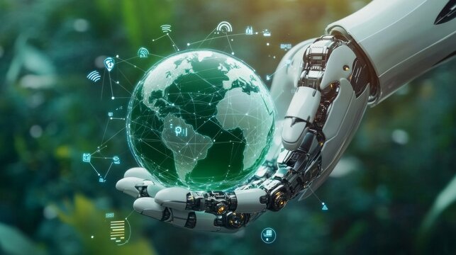 A robot hand holding a green planet Earth with icons of technology, digital networks, AI Generative