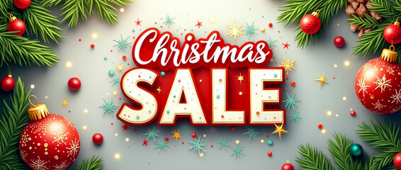 A vibrant holiday season background features a bold sale announcement surrounded by colorful ornaments, sparkling stars, and lush green branches, creating a joyful atmosphere for festive shopping